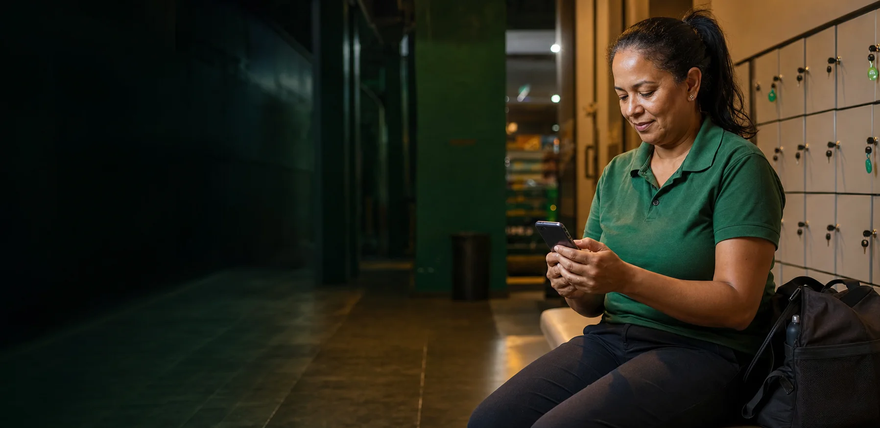 Trabalhadora de serviços usando o celular depois do expediente