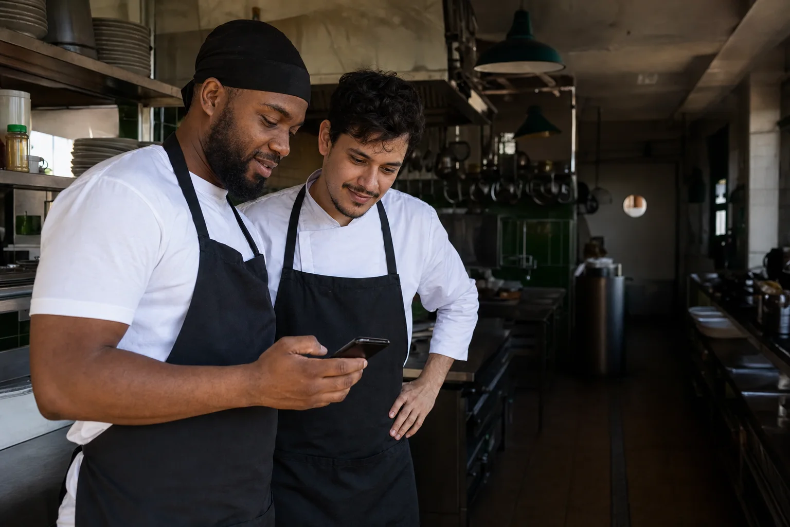 Dois trabalhadores de cozinha conferindo uma informação no celular durante o expediente